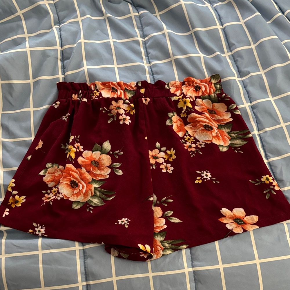 SHEIN Floral High Waist Shorts - Burgundy and Orange
